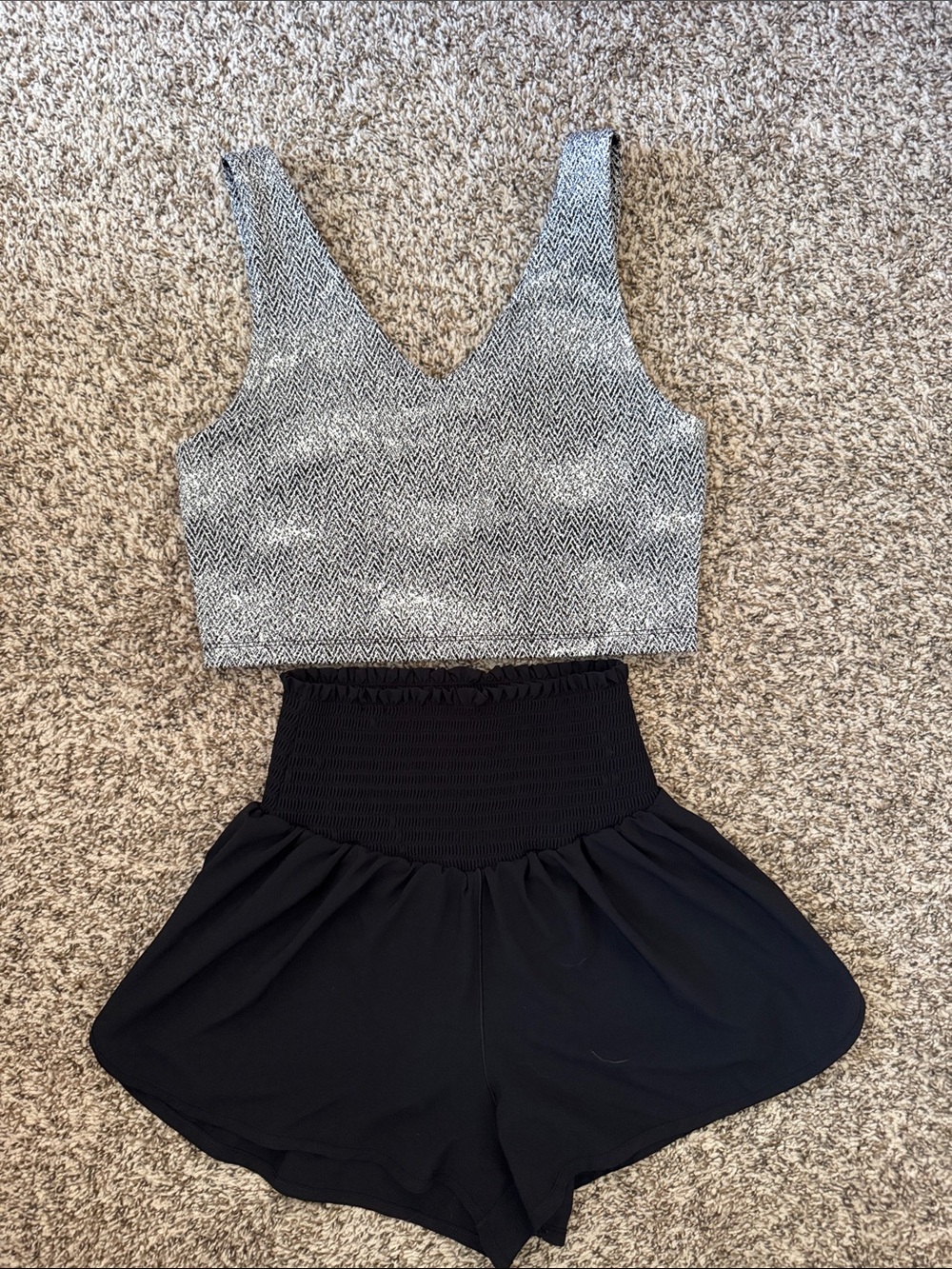 Offline by aerie Gray Herringbone V-Neck Crop Top & Black shorts